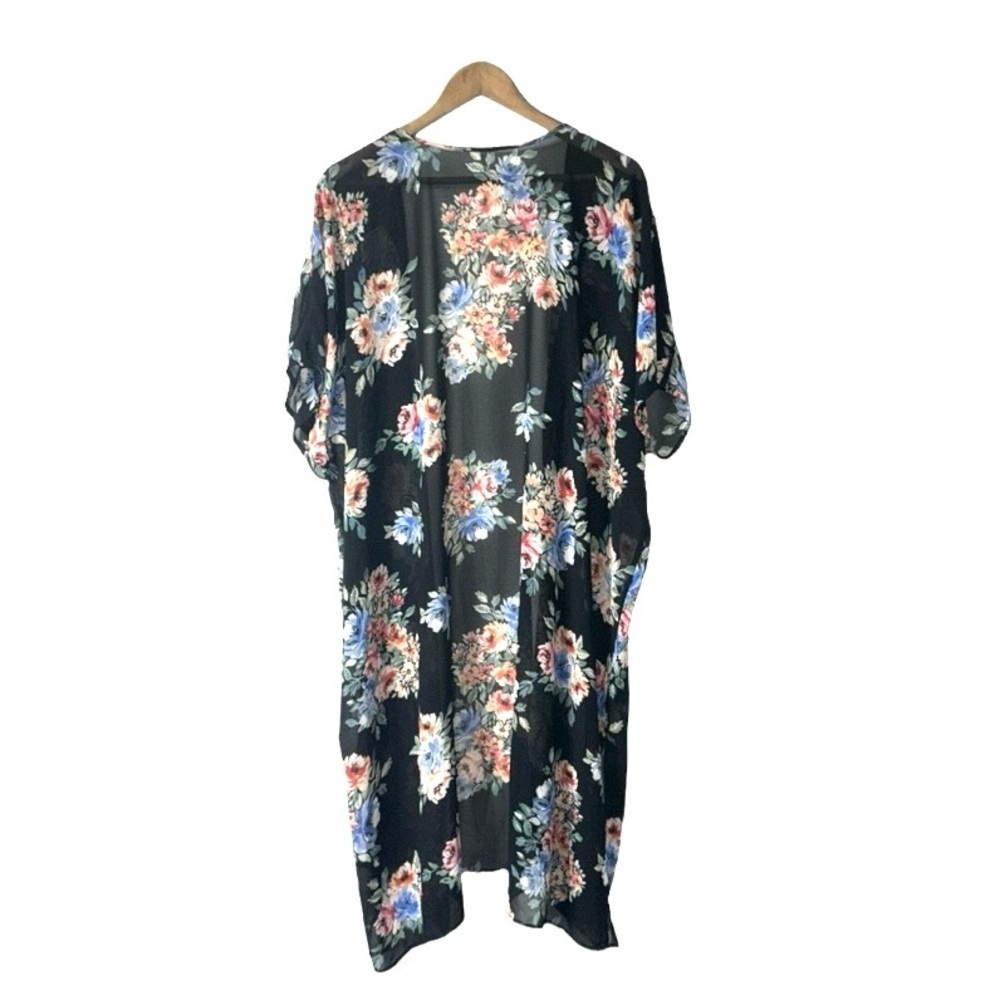 Floral Kimono Black Blue Pink Flowers Short Sleeve Long Length Medium/Large - Picture 2 of 6